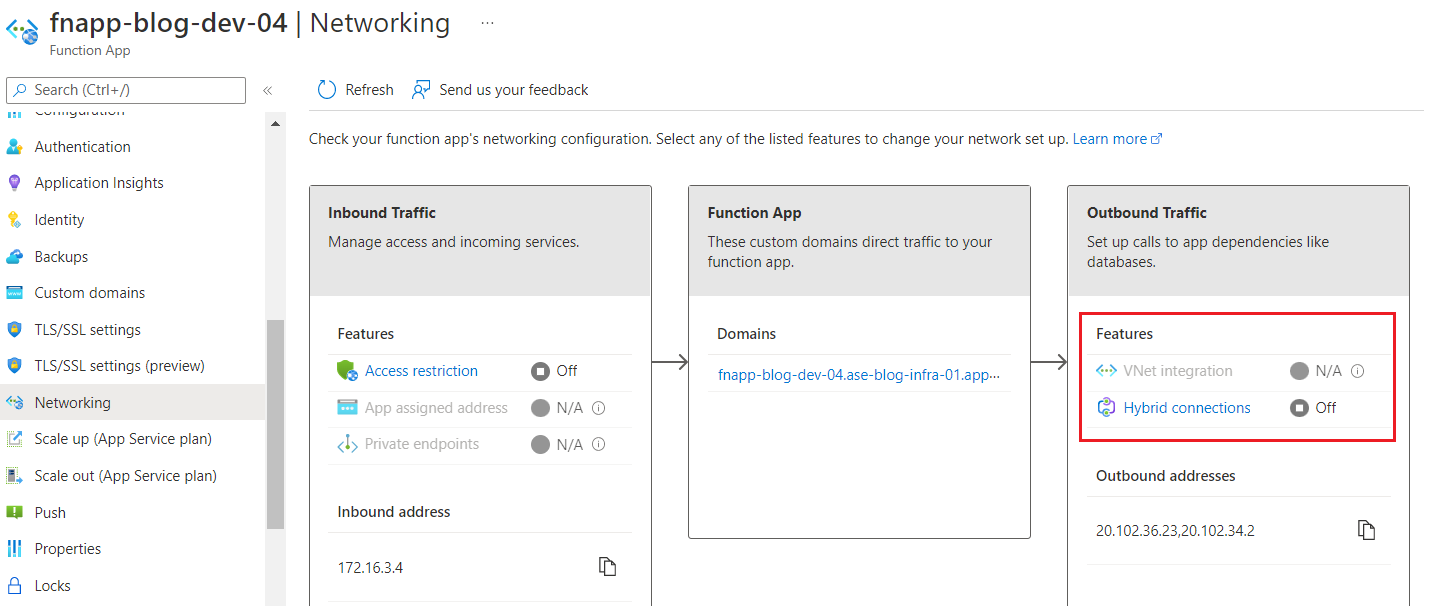 Figure 8: Networking settings of the Function App